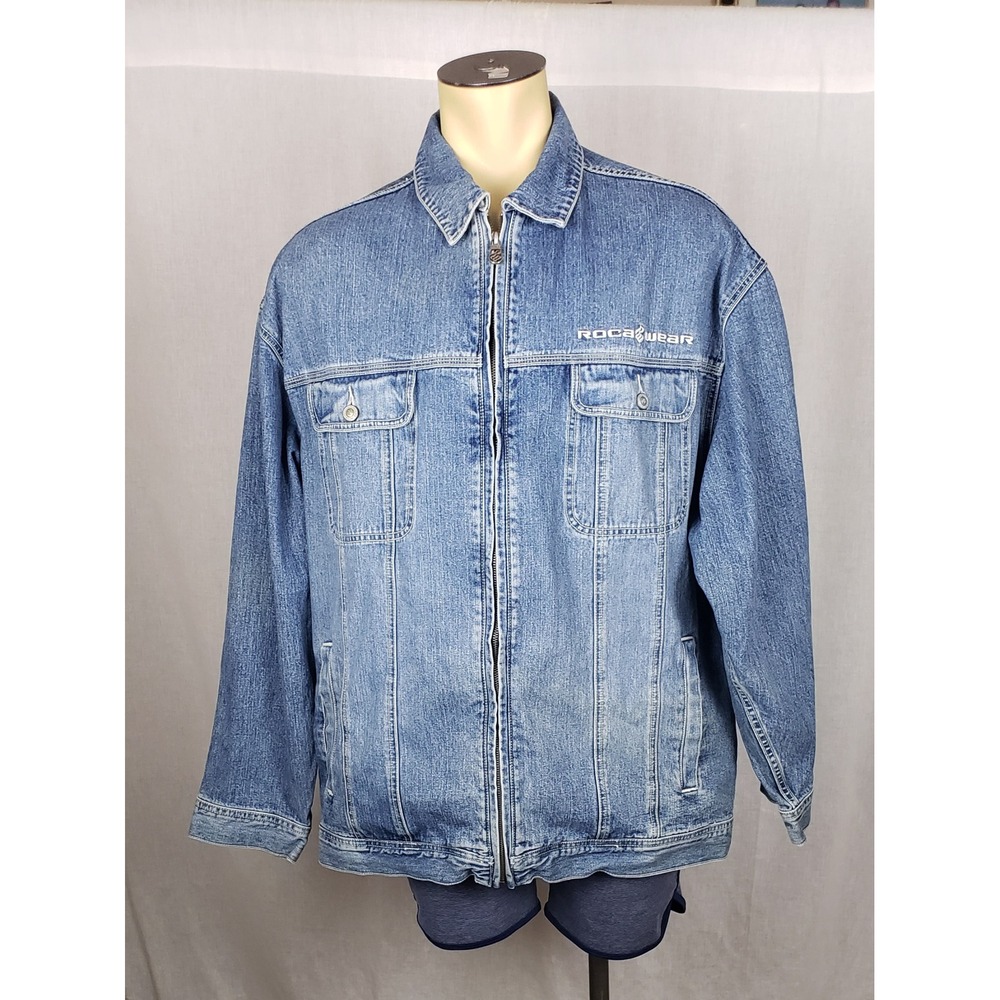 Rocawear Mens Vintage Denim Jacket Blue Full Zip Embroidered Logo Streetwear L